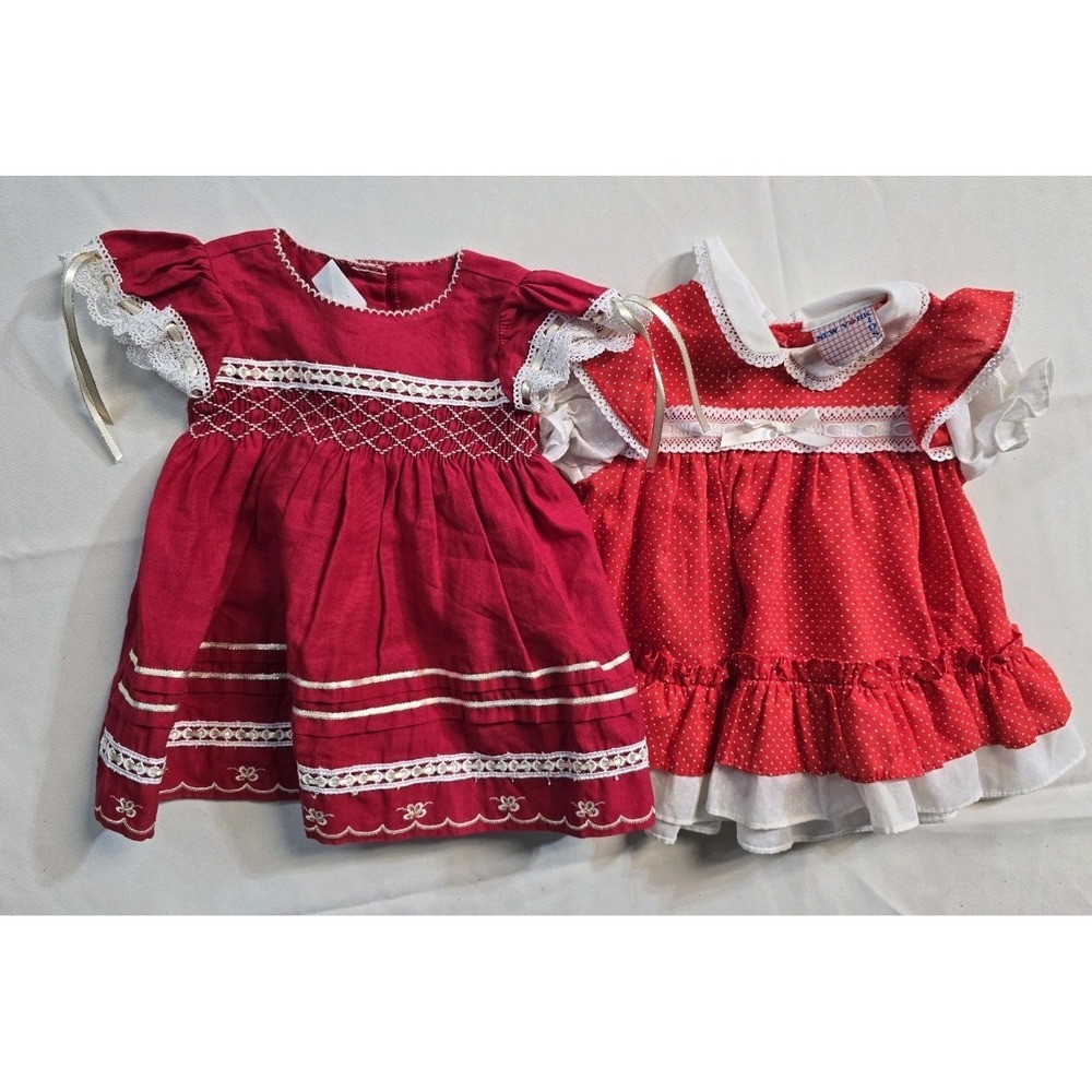 Vintage Girls Dress Red Bambi 6-12 Months  Smocked  Lace Lot Of 2